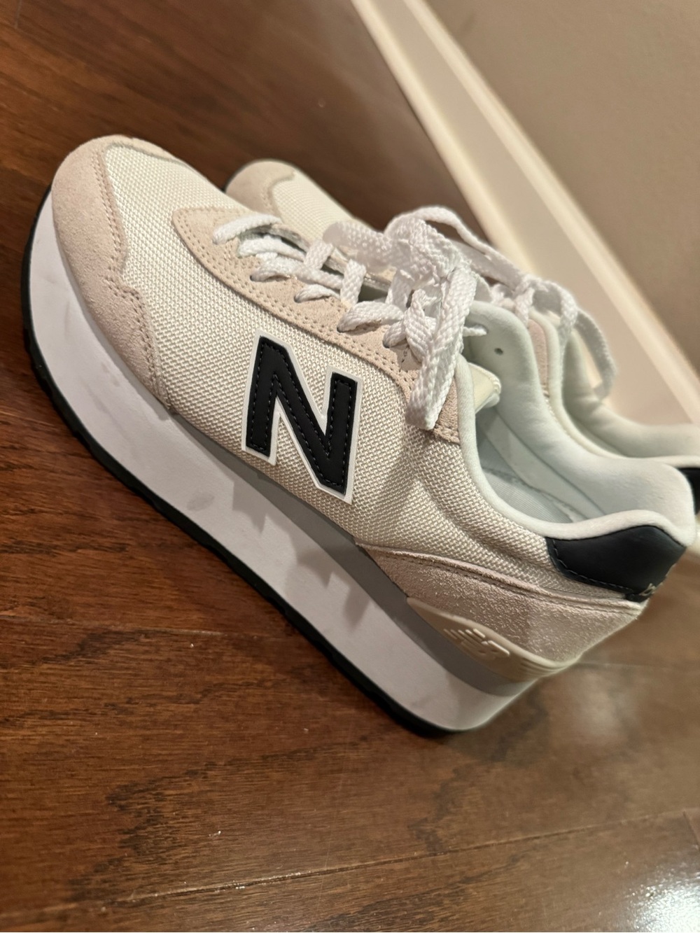 New Balance White and Beige Women's Athletic Sneakers with Black Logo